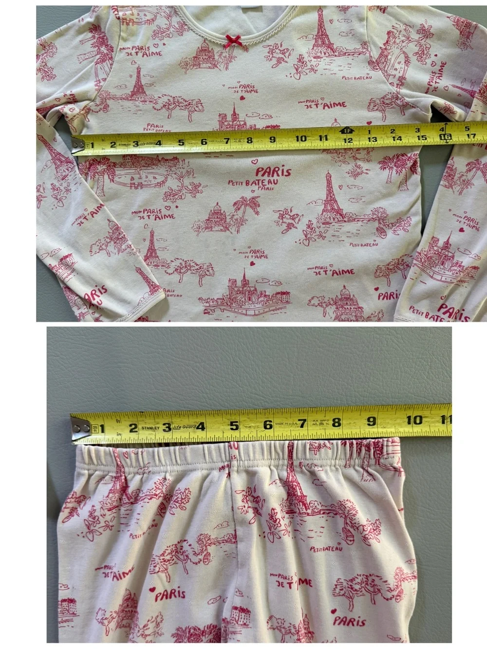 Petit Bateau Paris Eiffel Tower Pink Pointelle Pajamas Set size 10 Girls